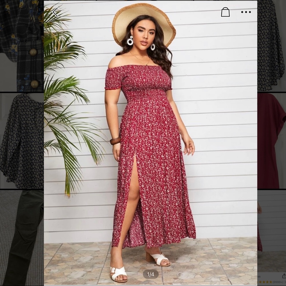 Plus Off Shoulder Shirred Split Floral Dress